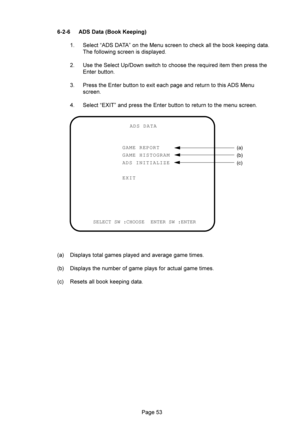 Page 53@ ?-? 
% %2&&(O+5
 $88%	(
	7	77

	




2 =	=H8
			



	
	
+

 
	+

	

	
8(


3 $+)%
	+


	

SELECT SW :CHOOSE  ENTER SW :ENTER
(a)
(b)
(c) GAME REPORT
GAME HISTOGRAM
ADS INITIALIZE
EXITADS DATA
/4 8
...