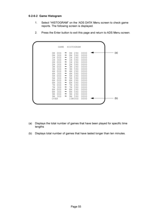 Page 55@@ ?-?- % &+%
 $6-,:(%	C88!(
	7


	




2 
	+

	


8(

(a)
(b) GAME  HISTOGRAM
0M 00S ~ 0M 29S  0000
0M 30S ~ 0M 59S  0000
1M 00S ~ 1M 29S  0000
1M 30S ~ 1M 59S  0000
2M 00S ~ 1M 29S  0000
2M 30S ~ 2M 59S  0000
3M 00S ~ 3M 29S  0000
3M 30S ~ 3M 59S  0000
4M 00S ~ 4M 29S  0000
4M 30S ~ 4M 59S  0000
5M 00S ~ 5M 29S  0000
5M 30S ~ 5M 59S  0000
6M 00S...