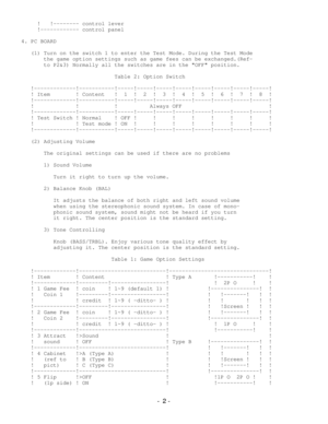 Page 2     !   !-------- control lever     !------------ control panel4. PC BOARD   (1) Turn on the switch 1 to enter the Test Mode. During the Test Mode       the game option settings such as game fees can be exchanged.(Ref-       to P2&3) Normally all the switches are in the OFF position.                             Table 2: Option Switch   !-------------!-----------!-----!-----!-----!-----!-----!-----!-----!-----!   ! Item        ! Content   !  1  !  2  !  3  !  4  !  5  !  6  !  7  !  8  !...