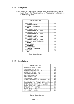 Page 8Page 8 3-4-3 Coin Options
Note:- The price of play on this machine is set within the CashFlow coin
mech. Ensure that the coin options on the screen are set as shown
in the following table.
Game Option Screen
Coin Option Screen
GAME COST --------------------------------------------------- (1)
1 COIN 1 CREDIT
DISCOUNT TO CONTINUE -------------------------------- (2)
NO
COIN 1 MECH VALUE --------------------------------------- (3)
1 COIN COUNT AS 1 COIN
COIN 2 MECH VALUE...