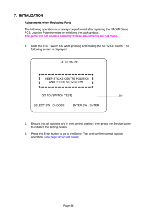 Page 56Page 56
7. INITIALIZATION
Adjustments when Replacing Parts 
The following operation 
must always be performed after replacing the NAOMI Game
PCB, Joystick Potentiometers or initializing the backup data.. 
The game will not operate correctly if these adjustments are not made. 
1. Slide the TEST switch ON while pressing and holding the SERVICE switch. The following screen is displayed.
I/F INITIALIZE
KEEP STICKS CENTRE POSITION AND PRESS SERVICE SW
GO TO [SWITCH TEST] ............................ (a)...