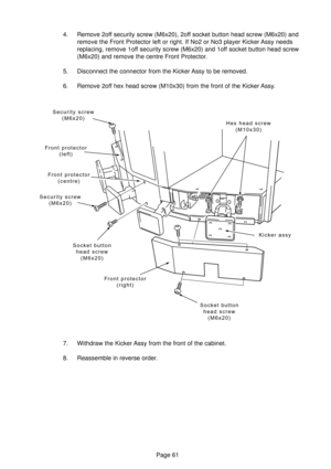 Page 61Page 61
Security screw
(M6x20)
Security screw
(M6x20)
Socket button
head screw
(M6x20)
Socket button
head screw
(M6x20)Hex head screw
(M10x30)
Kicker assy
Front protector
(left)
Front protector
(centre)
Front protector
(right)
4. Remove 2off security screw (M6x20), 2off socket button head screw (M6x20) and
remove the Front Protector left or right. If No2 or No3 player Kicker Assy needs
replacing, remove 1off security screw (M6x20) and 1off socket button head screw
(M6x20) and remove the centre Front...