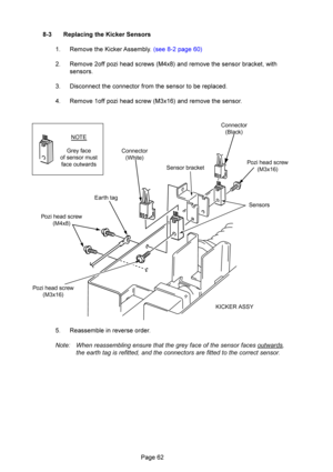 Page 62
NOTE
Gre\b fa\fe
of sensor must fa\fe outwards
Conne\ftor (Bla\fk)
Pozi head s\frew(M3x16)
Sensors
Conne\ftor
(White)
Earth tag
Pozi head s\frew (M4x8)
Pozi head s\frew (M3x16) Sensor bra\fket
KICKER ASSY
 \b	
\f


	
\b	 
\f
    	     
	 
\f
\f  \f!#$%&\f
\f(# \f	
)	 *\f\f\f \f\f\f	 
%	 
\f
\b\f  \f!#$)&\b\f...