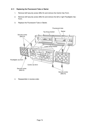 Page 74Page 74 8-11 Replacing the Fluorescent Tube or Starter
1. Remove 6off security screw (M5x10) and remove the Centre Vac-Form.
2. Remove 2off security screw (M5x10) and remove the left or right Floodlights Vac-
Form.
3. Replace the Fluorescent Tube or Starter.
4. Reassemble in reverse order.
Security screw
(M5x10)
Security screw
(M5x10) Fluorescent tube
Starter
Centre vac-form
Security screw
(M5x10) Floodlights vac-form
Top fixing bracket
Lower fixing bracket 