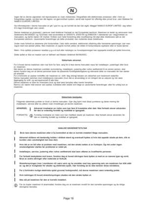 Page 18Page 18
Ingen del av denne utgivelsen må reproduseres av noen mekaniske, fotografiske elle elektroniske prosesser, eller i form av
fotografiske opptak, og ikke kan det lagres i et gjenvinnbart system, sendt eler kopiert for offentlig eller privat bruk, uten tillatelse fra
NAMCO EUROPE LIMITED.
Da informasjonen i denne manualen er gitt i god tru og var korrekt da den ble utgitt, tillegger NAMCO EUROP LIMITED  seg retten
til å lage forandringer uten varsel.
Denne maskinen er produsert i samsvar med...