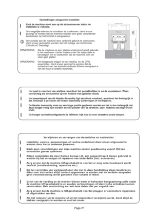 Page 21Page 21
50cm
or more50cmor morePlay zone
Pathway
2m 20cm or more
30cm or more30cm or more
2m 20cm or more
1m or more
Verwijderen en vervangen van Assemblies en onderdelen
Installatie, service, aanpassingen of routine-onderhoud dient alleen uitgevoerd te
worden door hierin bekwame personen.
Maak geen veranderingen aan deze machine zonder goedkeuring vooraf. Dit kan
onvoorzien gevaar opleveren.
Alleen onderdelen die door Namco Europe Ltd. zijn gespecificeerd dienen gebruikt te
worden bij het vervangen of...