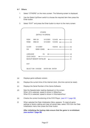 Page 57Page 57
6-7 Others
1. Select “OTHERS” on the menu screen. The following screen is displayed.
2. Use the Select Up/Down switch to choose the required item then press the\
 Enter button.
3. Select “EXIT” and press the Enter button to return to the menu scr\
een.
(a) Displays game software version.
(b) Displays the current time of the internal clock. (the time cannot be re\
set).
(c) Displays the Serial Number of the Game Software.
(d) Sets the Speedometer reading displayed on the screen. When US is...