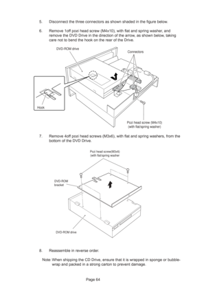 Page 64Page 64 5. Disconnect the three connectors as shown shaded in the figure below.
6. Remove 1off pozi head screw (M4x10), with flat and spring washer, and
remove the DVD Drive in the direction of the arrow, as shown below, taking
care not to bend the hook on the rear of the Drive.
7. Remove 4off pozi head screws (M3x6), with flat and spring washers, from the
bottom of the DVD Drive.
8. Reassemble in reverse order.
Note: When shipping the CD Drive, ensure that it is wrapped in sponge or bubble-
wrap and...