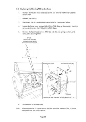 Page 65Page 65 8-3 Replacing the Steering PCB and/or Fuse
1. Remove 8off button head screws (M5x12) and remove the Monitor Cabinet
Rear Cover.
2. Replace the fuse or:
3. Disconnect the six connectors shown shaded in the diagram below.
4. Loosen 2off pozi head screws (M6), lift the PCB Base to disengage it from the
screws and remove the PCB with the PCB Base.
5. Remove 4off pozi head screws (M3x12), with flat and spring washers, and
remove the Steering PCB.
6. Reassemble in reverse order.
Note: When refitting...