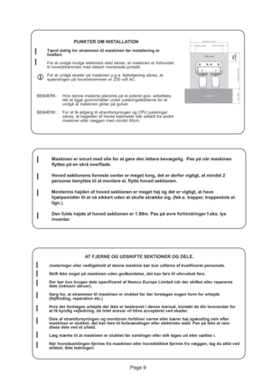 Page 9Page 9
50cm
or more50cmor morePlay zone
Pathway
2m 20cm or more
30cm or more30cm or more
2m 20cm or more
1m or more
PUNKTER OM INSTALLATION
Tænd aldrig for strømmen til maskinen før installering er
fuldført.
For at undgå mulige elektriske stød sikres, at maskinen er forbundet
til hovedstrømmen med sikkert monterede jordstik.
For at undgå skader på maskinen p.g.a. fejlbetjening sikres, at
spændingen på hovedstrømmen er 230 volt AC.
BEMÆRK : Hvis denne maskine placeres på et poleret gulv, anbefales
det at...