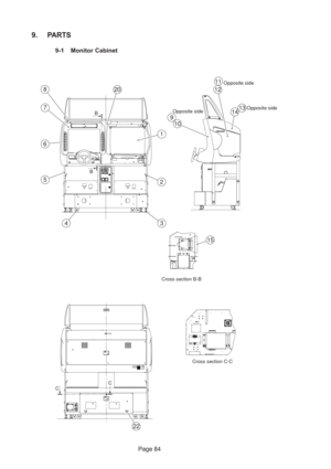 Page 84Page 84
9. PARTS
9-1 Monitor Cabinet
3
22
Cross section C-C
CC
2012
1
2
10
9
Opposite side
11Opposite side
1413Opposite side
8
7
6
5
4
15
3
Cross section B-B
B
B 