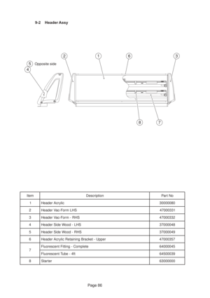 Page 86Page 86 9-2 Header Assy
2
4
5
78
163
Opposite side
m e t Ino i t p i r c s e DoN t r a P
1ci l y r c A r e d a e H0 8 0 0 0 0 0 3
2SH L m r o F - c a V r e d a e H1 3 3 0 0 0 7 4
3SH R - m r o F - c a V r e d a e H2 3 3 0 0 0 7 4
4SH L - d o o W e d i S r e d a e H8 4 0 0 0 0 7 3
5SH R - d o o W e d i S r e d a e H9 4 0 0 0 0 7 3
6re p p U - t e k c a r B g n i n i a t e R c i l y r c A r e d a e H7 5 3 0 0 0 7 4
7e t e l p m o C - g n i t t i F t n e c s e r o u l F5 4 0 0 0 0 4 6
t f 4 - e b u T t n e...
