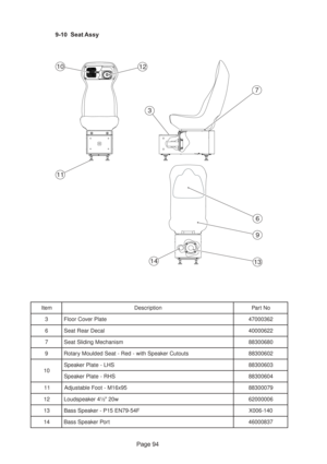 Page 94Page 94 9-10 Seat Assy
1012
7
3
11
6
9
1314
m e t Ino i t p i r c s e DoN t r a P
3et a l P r e v o C r o o l F2 6 3 0 0 0 7 4
6la c e D r a e R t a e S2 2 6 0 0 0 0 4
7ms i n a h c e M g n i d i l S t a e S0 8 6 0 0 3 8 8
9st u o t u C r e k a e p S h t i w - d e R - t a e S d e d l u o M y r a t o R2 0 6 0 0 3 8 8
0 1S H L - e t a l P r e k a e p S3 0 6 0 0 3 8 8
S H R - e t a l P r e k a e p S4 0 6 0 0 3 8 8
1 159 x 6 1 M - t o o F e l b a t s u j d A9 7 0 0 0 3 8 8
2 1w0 2  ½ 4 r e k a e p s d u o L6...