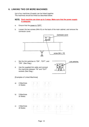 Page 12Page 12
6. LINKING TWO OR MORE MACHINES
Up to four machines (8 seats) can be linked together. 
The machines should be linked as described below.
NOTE:Each machine can draw up to 3 amps. Make sure that the power supply
is adequate.
a. Ensure that the 
power is OFF.
b. Loosen the two screws (M4x10) on the back of the main cabinet, and rem\
ove the connector cover.
c. Set the link switches to ON , EXT, and ON. (See Diag.)
d. Use the supplied link cable and connect the machines between IN and OUT 
sockets...