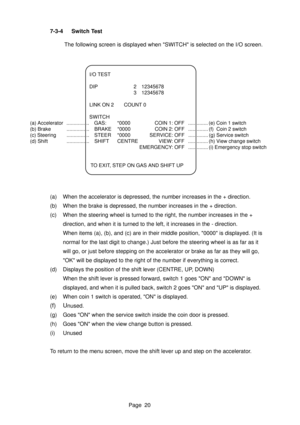 Page 20Page 20 7-3-4 Switch Test
The following screen is displayed when SWITCH is selected on the I/O screen.
I/O TEST
DIP 2 12345678
3 12345678
LINK ON 2 COUNT 0
SWITCH
(a) Accelerator ................ GAS: *0000 COIN 1: OFF .............. (e) Coin 1 switch
(b) Brake ................ BRAKE *0000 COIN 2: OFF .............. (f)  Coin 2 switch
(c) Steering ................ STEER *0000 SERVICE: OFF .............. (g) Service switch
(d) Shift ................ SHIFT CENTRE VIEW: OFF .............. (h) View change...