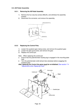 Page 25Page 25
8-2. AB Pedal Assembly
8-2-1. Removing the AB Pedal Assembly 1) Remove the four security screws (M6x25), and withdraw the assemblyforward.
2) Disconnect the connector, and remove the assembly.
8-2-2 Replacing the Control Pots. 1) Loosen the quadrant gear clamp screw, and remove the quadrant gear. 
2) Loosen the gear grub screw, and remove the gear.
3) Replace the control pot.
Note: When replacing the control pot
a. Ensure that the potentiometer locating tag is engaged in the mounting pl\
ate...