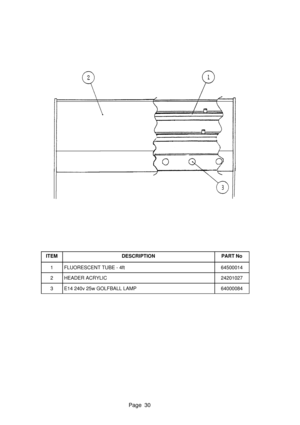 Page 30Page 30
ITEMDESCRIPTIONPART No
1FLUORESCENT TUBE - 4ft64500014
2HEADER ACRYLIC24201027
3E14 240v 25w GOLFBALL LAMP64000084 