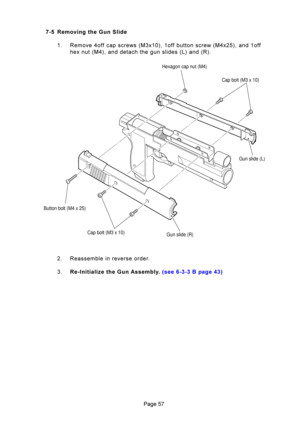 Page 57=E
M4% 

\f
#
: 5#@B8A:9+:\f
B@A=+
: 	A
\fB@+
		\f

2+
5+
 5

#
8  4@

\f\
 
 !
 +
84545
L
 
 43/
Hexagon cap nut (M4)
Cap bolt (M3 x 10)
Cap bolt (M3 x 10) Gun slide (L)
Gun slide (R)
Button bolt (M4 x 25) 