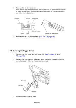 Page 60?9
M4S 



#
: 5# 	 \f
 # 
 \f
 
 5+  E%=   =E 

E%?   =C+
 5	

	\b!	


	
			 

	


8 5

#
Plunger
Solenoid Spacers Slide guide
E-ringSolenoid bracket
Harness exit (downwards)
Microswitch
Blue wire.
Black wire.
C 5

#\b%	\b\f

\b\f	\b	\b&\b	
\b\b	\b
...