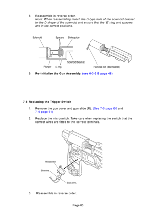 Page 63?8
N5T 



#
: 5# 	 \f
 # 
 \f
 
 5+  C%=  ?9 

C%?  ?:+
 5	

	\b!	


	
			 

	


8 5

#
Plunger
Solenoid Spacers Slide guide
E-ringSolenoid bracket
Harness exit (downwards)
Microswitch
Blue wire.
Black wire.
D 5

#\b%	\b\f

\b\f	\b	\b&\b	
\b\b	\b
...