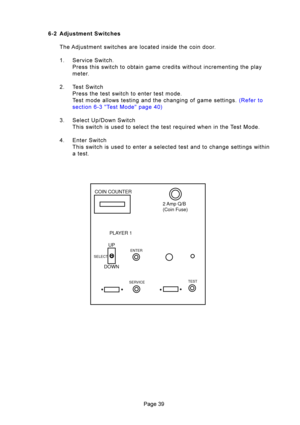 Page 398
PLAYER 1
COIN COUNTER
2 Amp  Q/B
(Coin Fuse)
UP
SELECT
DOWN
SERVICE ENTERTEST
A\f4 
)0!%$
\b	3 \f

	


	


: #

	 	

	



	\f




	

 \b
	 	
	

\b   

 
 	 	


   

 5 


 ?%8 E \b  AE   @9+
8 6

	 \b	

	
\f...