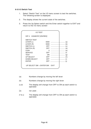 Page 46Page 46 6-3-3-3 Switch Test
1. Select “Switch Test” on the I/O menu screen to test the switches.
The following screen is displayed.
2. The display shows the current state of the switches.
3. Press the Up Select switch and the Enter switch together to EXIT and
return to the I/O menu screen
(a) Numbers change by moving the left lever
(b) Numbers change by moving the right lever
(c,d) The display will change from OFF to ON as each switch is
operated
.
(e) not used .
(f to j) The display will change from OFF...