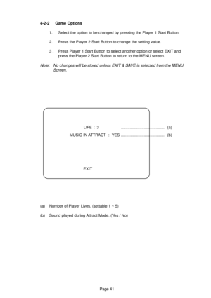 Page 41Page 41 4-2-2 Game Options
1. Select the option to be changed by pressing the Player 1 Start Button.
2. Press the Player 2 Start Button to change the setting value.
3 . Press Player 1 Start Button to select another option or select EXIT and
press the Player 2 Start Button to return to the MENU screen.
Note: No changes will be stored unless EXIT & SAVE is selected from the MENU
Screen.
LIFE : 3 ........................................ (a)
MUSIC IN ATTRACT : YES ...........................................
