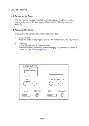 Page 12Page 12
5. ADJUSTMENTS
5-1 Turning on the PowerAfter the machine has been installed, turn ON the power. The Power switch is 
located on the rear of the Main cabinet. (See section 3 “Major Compo\
nents”
(page 3).)
5-2 Adjustment Switches The adjustment switches are located inside the coin door. 
1. Service Switch Press this switch to obtain game credits without incrementing the play m\
eters.
2. Test Switch Slide this switch “ON” to enter test mode. 
Test mode allows game testing and the changing of game...