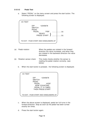 Page 18Page 18 5-3-3-2 Pedal Test
a. Select “PEDAL” on the menu screen and press the start button. The
following screen is displayed.
I/O TEST
DIP 12345678
SWITCH
PEDAL
PEDAL 7FBF.................... (a)
READY
PRESS START.................... (b)
TO EXIT : PUSH START AND HANDLEBARS UP
}
(a) Pedal rotation When the pedals are rotated in the forward
direction the value increases, and when they
are rotated in the backward direction the value
decreases.
(b) Rotation sensor check This mode checks whether the sensor...