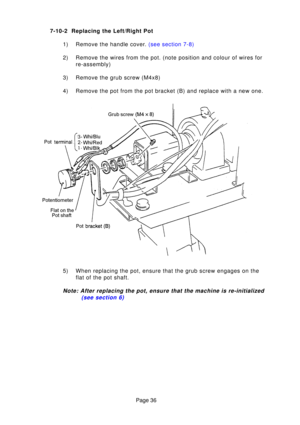 Page 36Page 36
7-10-2 Replacing the Left/Right Pot
1) Remove the handle cove r.  (see section  7-8)
2) Remove the wires from the pot. (note position and colour of wires for re-assembly)
3) Remove the grub screw (M4x8) 
4) Remove the pot from the pot bracket (B) and replace with a new one. 
5) When replacing the pot, ensure that the grub screw engages on the flat of the pot shaft.
Note: After replacing the pot, ensure that the machine is re-initialized\
 (see section  6) 