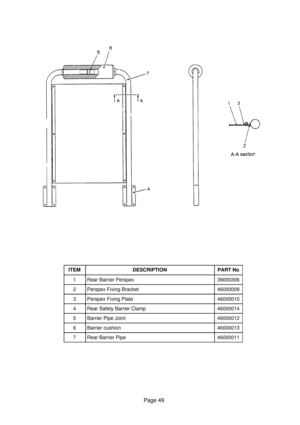 Page 49Page 49
ITEMDESCRIPTIONPART No
1Rear Barrier Perspex39000306
2Perspex Fixing Bracket46000009
3Perspex Fixing Plate46000010
4Rear Safety Barrier Clamp46000014
5Barrier Pipe Joint46000012
6Barrier cushion46000013
7Rear Barrier Pipe46000011 