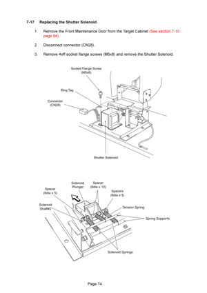 Page 74\f
U9U  ,%
%!
 (
\b G   !& %&&&: 5 @   /  (%& *$ :%& \f#

9  
+ \b
\b 5%:&&::&&:*+\b 
\b G
@@:2@&:*,+&) $ $&%)\b
Socket Fl\fnge Screw (M5x8)
Ring T\fg
Connector (CN28)
Shutter Solenoid
Sp\fcer
(6di\f x 10)
Solenoid
Plunger
Sp\fcers
(6di\f x 5)
Tension Spring
Solenoid
Sh\fft#2 Sp\fcer
(6di\f x 5)
Solenoid Springs
Spring Supports 