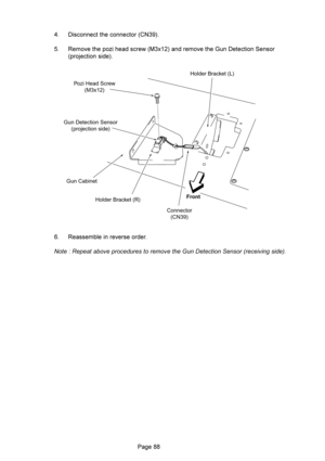 Page 88 
 5%:&&: :&&:*	+
 G 9K% ):*,+&) .&5:%&$&
*9F:%&%)+
 G(%&)
$

 :
)(


Holder Bracket (L)
Connector
(CN39) Holder Bracket (R) Gun Cabinet Gun Detection Sensor
(projection side)Pozi Head Screw
(M3x12)
Front 