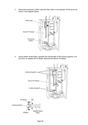 Page 94	
Ta b
Needle Nosed
Pliers Stopper Locking SupportPC Board
 5%:&&::&&:*
+&) !%(89%:%& )%:%&@ -
 &%& )%(

 D%&&)&)9%-?K :2%&(@ :2%&99-&
%- B)G M&&B)
Fibre Optic
Xenon PC Board
Connector
(CN41)
Locking Supports
Xenon PC Board
Locking Supports 