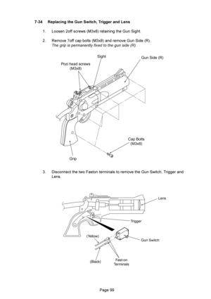 Page 99		 U  ,%! 
#%4,, (2 
 7&@@:*,+%&%& .&$% 
 G@@:9(*,+&).&$%)*G+
2

(
 5%:&&: !&%& .&$%: -/%&)
7&
Sight
Gun Side (R)
Cap Bolts
(M3x8)
Grip Pozi head screws
(M3x8)
Lens
Gun Switch
Fast-on
Terminals (Black) (Yellow)Trigger 