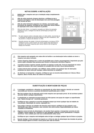 Page 23Esta maquina está equipada com rodas afim de facilitar a sua deslocação tenha cuidado ao mover a
maquina num plano inclinado.
O bloco Superior (Cabeça) tem o centro de gravidade para a frente, porconseguinte é importante que pelo
menos sejam utilizadas duas pessoas para montar ou desmontar este Bloco Superior.
A posição do bloco superior quando montado na maquina é muito alta. Torna-se importante ter meios
seguros de alcance, tais como; escadotes ou escadas afim de evitar riscos desnecessários.
A altura...
