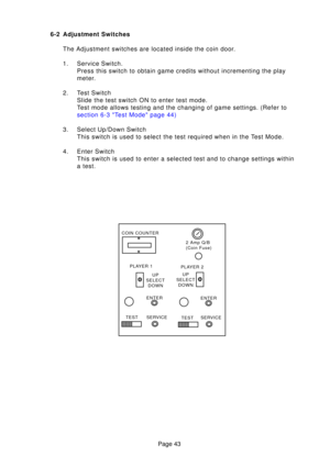 Page 43Page 43
6-2 Adjustment Switches
The Adjustment switches are located inside the coin door. 
1. Service Switch. Press this switch to obtain game credits without incrementing the play 
meter.
2. Test Switch Slide the test switch ON to enter test mode.
Test mode allows testing and the changing of game settings. (Refer to
section 6-3  Test Mode page  44)
3. Select Up/Down Switch This switch is used to select the test required when in the Test Mode.
4. Enter Switch This switch is used to enter a selected test...