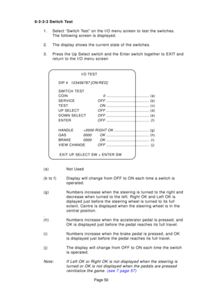 Page 50Page 50
6-3-3-3 Switch Test
1. Select “Switch Test” on the I/O menu screen to test the switches.The following screen is displayed.
2. The display shows the current state of the switches. 
3. Press the Up Select switch and the Enter switch together to EXIT and return to the I/O menu screen
(a) Not Used
(b to f) Display will change from OFF to ON each time a switch is operated.
(g) Numbers increase when the steering is turned to the right and decrease when turned to the left. Right OK and Left OK is...