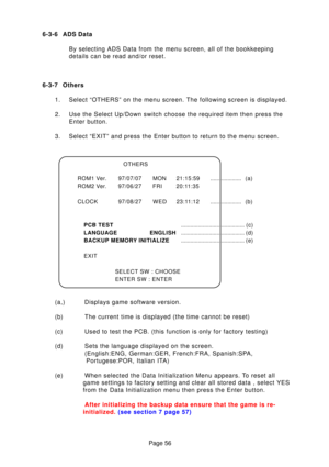 Page 56Page 56
6-3-6 ADS Data
By selecting ADS Data from the menu screen, all of the bookkeeping 
details can be read and/or reset.
6-3-7 Others 1. Select “OTHERS” on the menu screen. The following screen is displa\
yed. 
2. Use the Select Up/Down switch choose the required item then press the Enter button.
3. Select “EXIT” and press the Enter button to return to the menu scr\
een. 
(a,) Displays game software version. 
(b) The current time is displayed (the time cannot be reset)
(c) Used to test the PCB. (this...