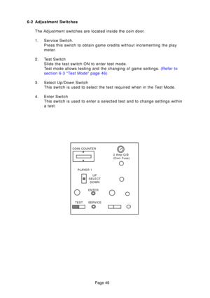 Page 45Page 46
6-2 Adjustment Switches
The Adjustment switches are located inside the coin door. 
1. Service Switch. Press this switch to obtain game credits without incrementing the play 
meter.
2. Test Switch Slide the test switch ON to enter test mode.
Test mode allows testing and the changing of game settings.  (Refer to
section 6-3  Test Mode page  46)
3. Select Up/Down Switch This switch is used to select the test required when in the Test Mode.
4. Enter Switch This switch is used to enter a selected test...