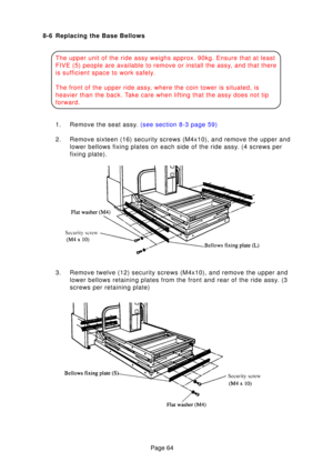Page 63Page 64
8-6 Replacing the Base Bellows
The upper unit of the ride assy weighs approx. 90kg. Ensure that at leas\
t 
FIVE  (5) people are available to remove or install the ass y, and that there
is su fficient space to work safel y.
The front of the upper ride ass y, where the coin tower is situated, is
heavier than the back.  Take care when lifting that the assy does not tip
forward.
1 . Remove the seat ass y.  (see section 8-3 page  59)
2. Remove sixteen (16) security screws (M4x10), and remove the...