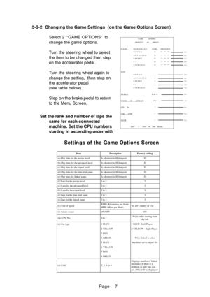 Page 10Page 5-3-2 Changing the Game Settings  (on the Game Options Screen)
Select 2  “GAME OPTIONS”  to
change the game options.
Turn the steering wheel to select
the item to be changed then step
on the accelerator pedal.
Turn the steering wheel again to
change the setting,  then step on
the accelerator pedal
(see table below).
Step on the brake pedal to return
to the Menu Screen.
GAME OPTIONS(DEFAULT IN GREEN)
GAMEDIFFICULTYTIMEEXTENDNOVICE D** ** ** ( a )ADVANCED D** ** ** ( b )EXPERT D** ** ** ( c )T.T. D**...