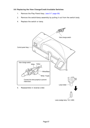 Page 67DF
%% (!
)
	*
+\b
,
!
2 =\f 	\
 % ?F DD
 =\f 	
	:\f\
\f

\

\f	
\
	
. =	
	\
\f
5 =\f
 
View change switch
Control panel Assy
View change switch WhiteYellow
White/Black
White/  Purple
Connect the wires properly to prevent 
malfunction.
Lamp holder
Lamp (wedge lamp, 14V, 3.8W) 