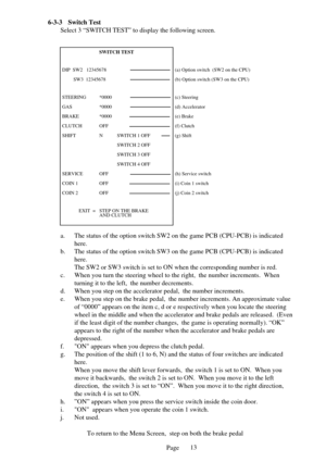 Page 13Page
SWITCH TEST
DIP  SW2   12345678 (a) Option switch  (SW2 on the CPU)
         SW3  12345678 (b) Option switch (SW3 on the CPU)
STEERING*0000 (c) Steering
GAS*0000 (d) Accelerator
BRAKE*0000 (e) Brake
CLUTCHOFF (f) Clutch
SHIFT NSWITCH 1 OFF (g) Shift
SWITCH 2 OFF
SWITCH 3 OFF
SWITCH 4 OFF
SERVICE OFF(h) Service switch
COIN 1 OFF(i) Coin 1 switch
COIN 2 OFF(j) Coin 2 switch
EXIT  =STEP ON THE BRAKEAND CLUTCH
6-3-3Switch Test
Select 3 “SWITCH TEST” to display the following screen. 
a. The status of the...