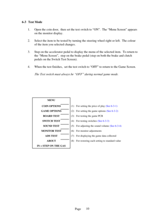 Page 10Page
6-3 Test Mode
1. Open the coin door,  then set the test switch to “ON”.  The “Me\
nu Screen” appears on the monitor display.
2. Select the item to be tested by turning the steering wheel right or left\
.  The colour of the item you selected changes.
3. Step on the accelerator pedal to display the menu of the selected item. \
 To return to the “Menu Screen”,  step on the brake pedal (step on both the bra\
ke and clutch 
pedals on the Switch Test Screen).
4. When the test finishes,  set the test...