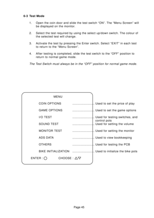 Page 45Page 45 6-3 Test Mode
1. Open the coin door and slide the test switch “ON”. The “Menu Screen” will
be displayed on the monitor.
2. Select the test required by using the select up/down switch. The colour of
the selected test will change.
3. Activate the test by pressing the Enter switch. Select “EXIT” in each test
to return to the “Menu Screen”.
4. After testing is completed, slide the test switch to the “OFF” position to
return to normal game mode.
The Test Switch must always be in the “OFF” position for...