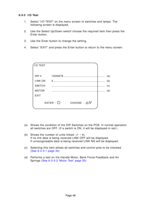 Page 48Page 48
6-3-3 I/O Test
1. Select “I/O TEST” on the menu screen to switches and lamps. The following screen is displayed.
2. Use the Select Up/Down switch choose the required item then press the Enter button.
3. Use the Enter button to change the setting. 
4. Select “EXIT” and press the Enter button to return to the menu scr\
een. 
(a) Shows the condition of the DIP Switches on the PCB. In normal operation all switches are OFF. (If a switch is ON, it will be displayed in red.)
(b) Shows the number of...