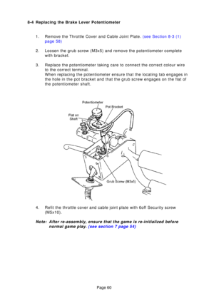 Page 60Page 60
8-4 Replacing the Brake Lever Potentiometer
1. Remove the Throttle Cover and Cable Joint Plate.  (see Section 8-3 (1)
page  58)
2. Loosen the grub screw (M3x5) and remove the potentiometer complete with bracket.
3. Replace the potentiometer taking care to connect the correct colour wire\
 to the correct terminal. 
When replacing the potentiometer ensure that the locating tab engages in\
the hole in the pot bracket and that the grub screw engages on the flat \
of
the potentiometer shaft.
4. Refit...