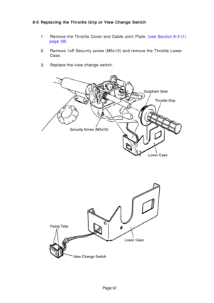 Page 61Page 61
8-5 Replacing the Throttle Grip or View Change Switch
1. Remove the Throttle Cover and Cable Joint Plate.  (see Section 8-3 (1)
page  58)
2. Remove 1off Security screw (M5x10) and remove the Throttle Lower Case.
3. Replace the view change switch. 