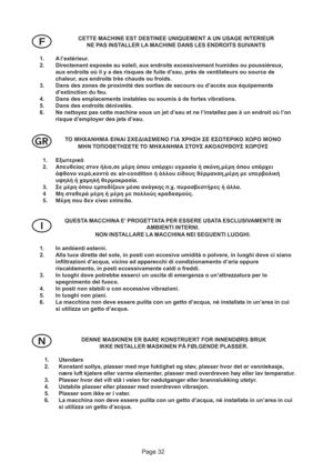 Page 32Page 32




DENNE MASKINEN ER BARE KONSTRUERT FOR INNENDØRS BRUK
IKKE INSTALLER MASKINEN PÅ FØLGENDE PLASSER.
1. Utendørs
2. Konstant sollys, plasser med mye fuktighet og støv, plasser hvor det er vannlekasje,
nære luft kjølere eller varme elementer, plasser med overdreven høy eller lav temperatur.
3. Plasser hvor det vill stå i veien for nødutganger eller brannslukking utstyr.
4. Ustabile plasser eller plasser med overdreven vibrasjon.
5. Plasser som ikke er i vater.
6. La macchina non deve essere...